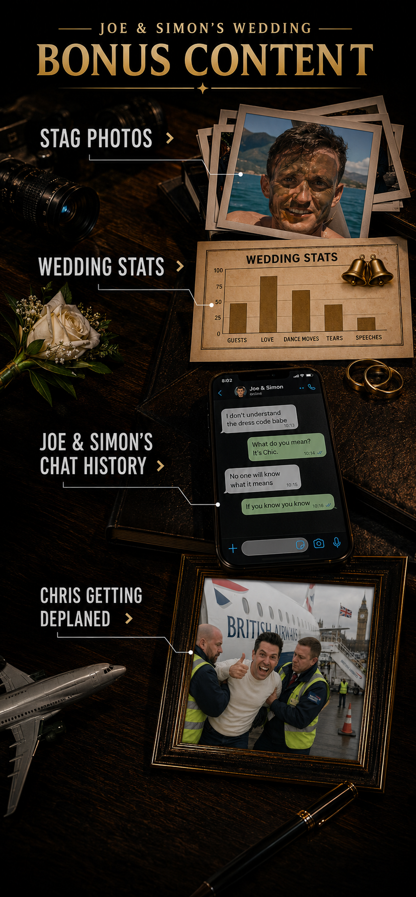 Bonus Content DVD menu with sections for Stag Photos, Wedding Stats, Simon and Joe's Chat History, and Chris Getting Deplaned.
